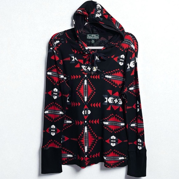 Ralph Lauren Red & Black Aztec Waffle Knit Hooded Long Sleeve Top Size XL - Picture 1 of 8